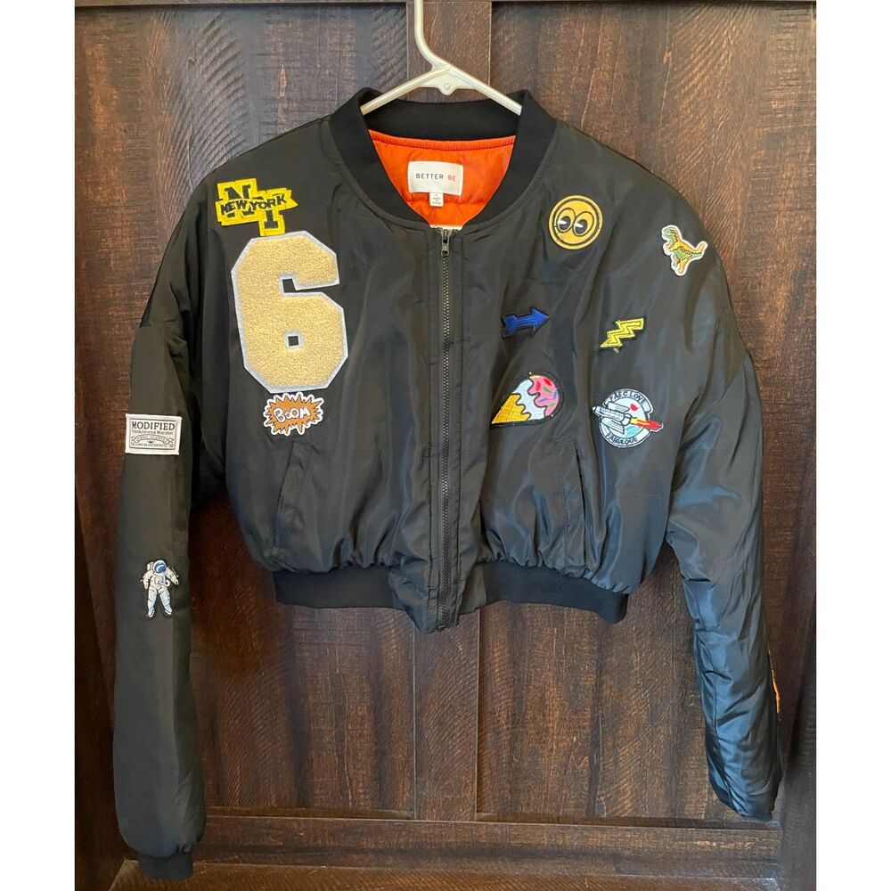 Y2K Patch Bomber Jacket | Cropped Black Streetwear | Varsity Patches Graphic M